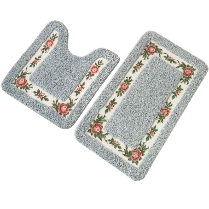 UKELER Absorbent Bathroom Rug Set of 2 Floral Rose Bath Rug Washable Non-Skid Microfiber Shaggy Toilet Rug for Bathroom, 17.7''x29.5''+20''x20'' Bath Mat, Blue - Image 1